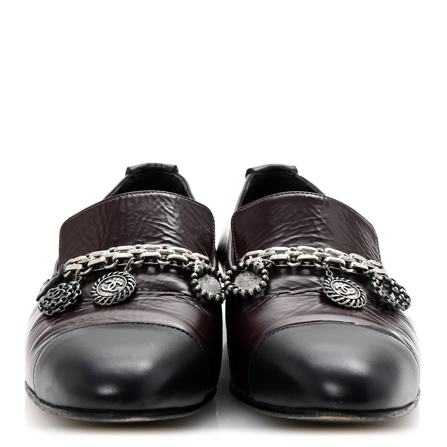 Chanel Crackled Goatskin Lambskin Cap Toe CC Charm Loafers 36 Dark Burgundy Navy 3 of 9