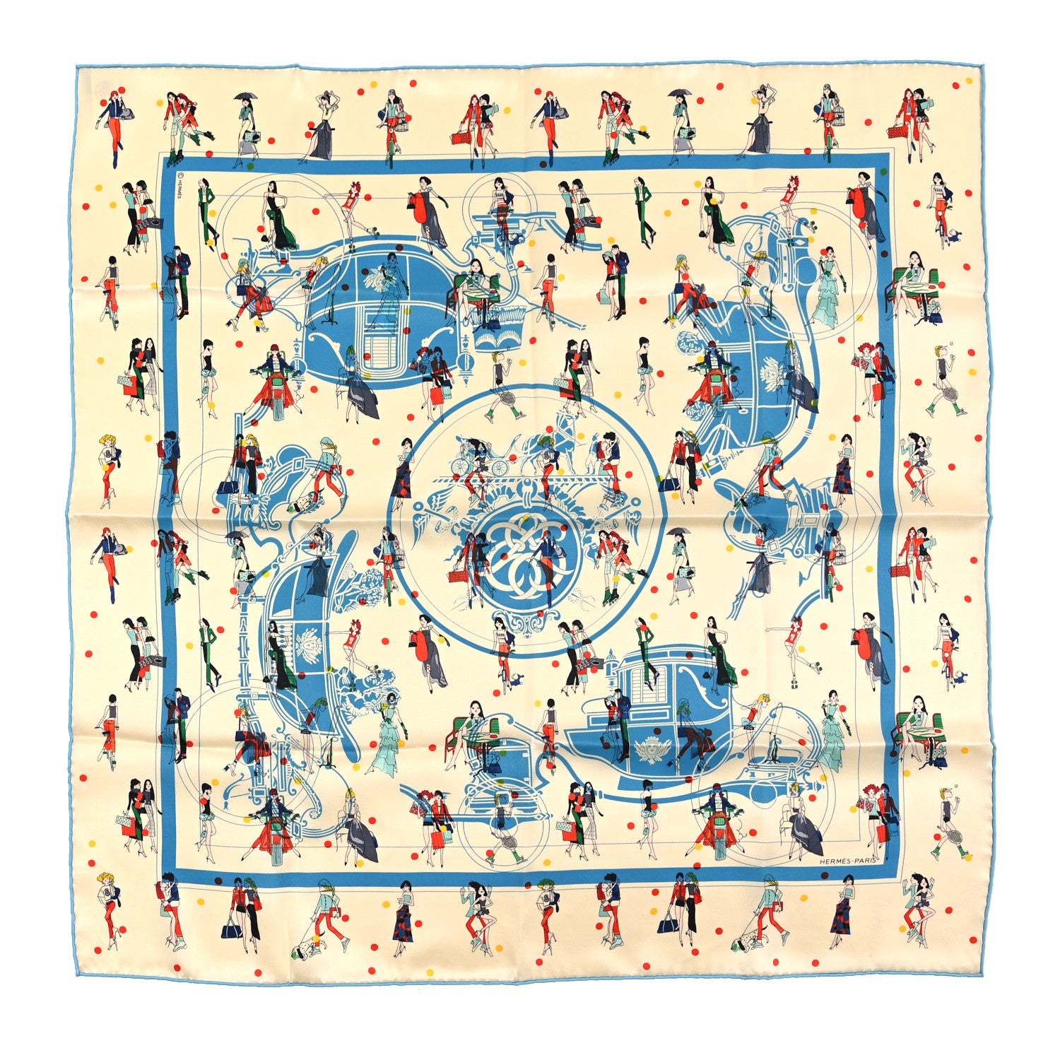 Hermes Silk Ex-Libris Les Parisiennes Scarf 70 Creme Bleu Rouge 1 of 4