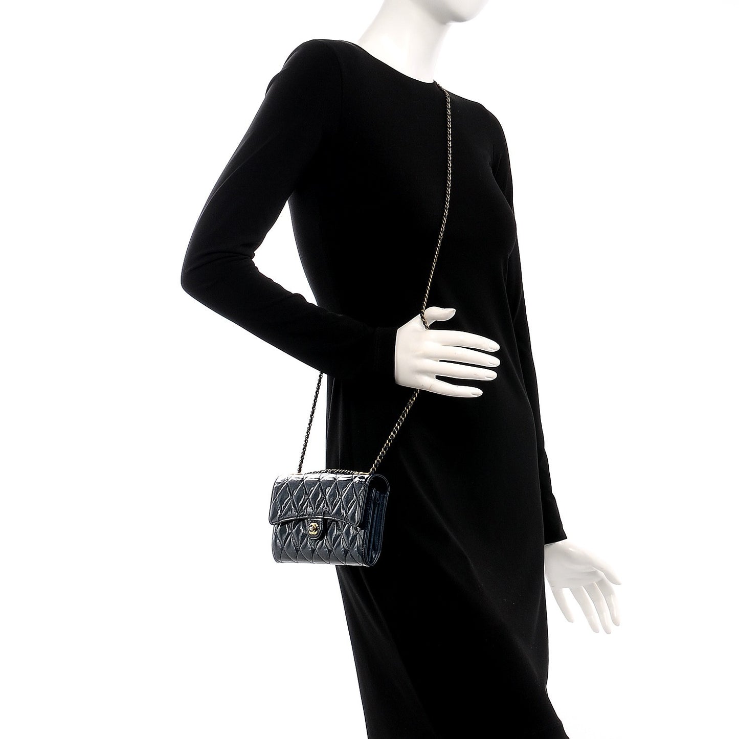 Patent Goatskin Quilted Small CC Eyelet Wallet On Chain WOC Blue