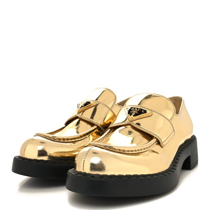 Prada Metallic Brushed Calfskin Metal Triangle Logo 50mm Loafers 41 Platino 3 of 9