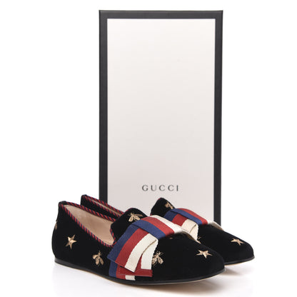Gucci Velvet Bee Star Embroidered Sylvie Bow Loafers 36 Black 8 of 8
