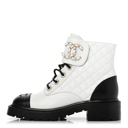 Chanel Shiny Lambskin Quilted Lace Up Combat Boots 37.5 White Black 1 of 4