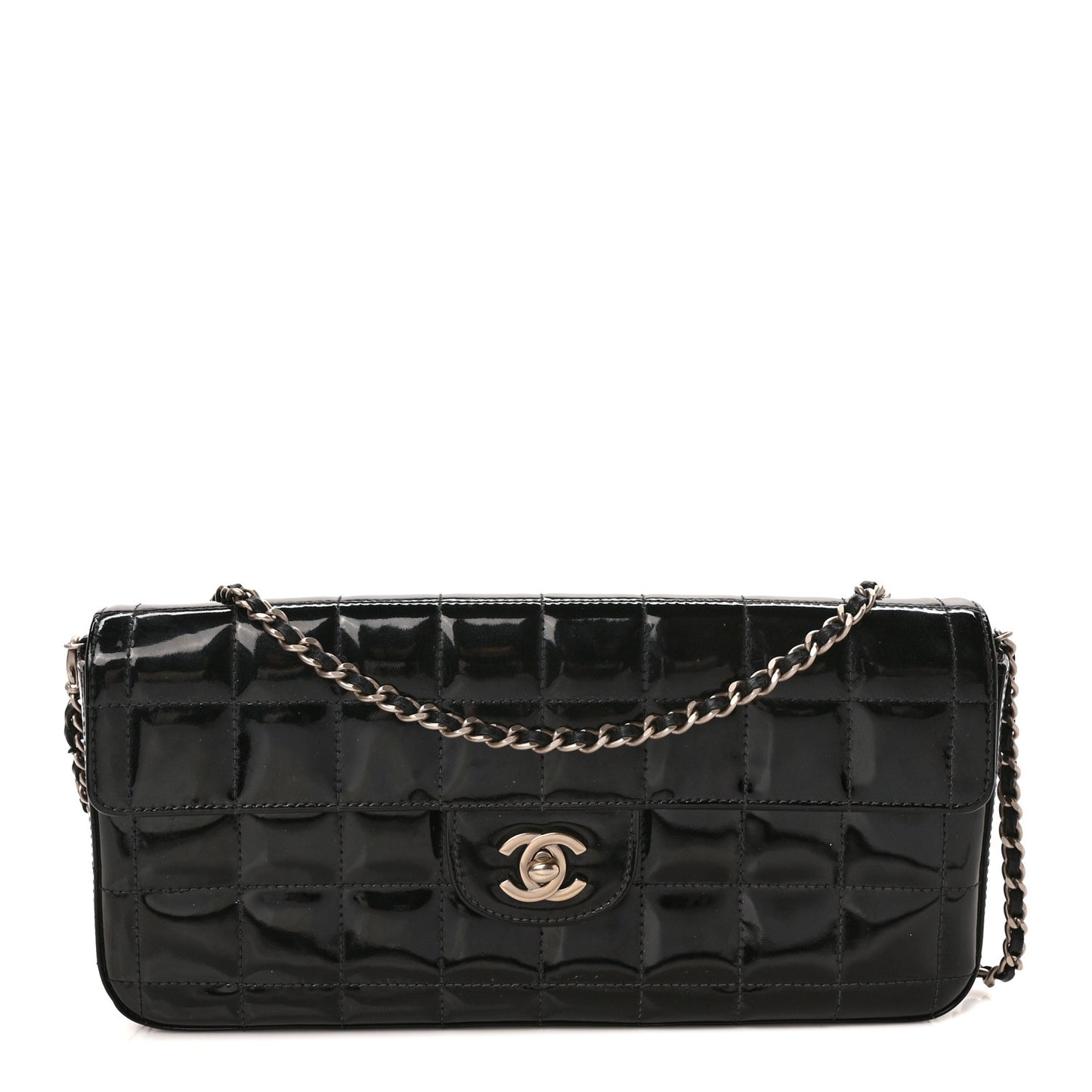 Patent Quilted East West Chocolate Bar Flap Black