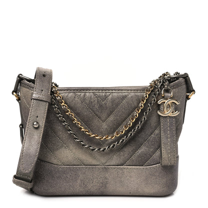 Chanel Metallic Caviar Chevron Quilted Small Gabrielle Hobo Light Silver Gold 1 of 11