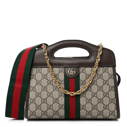 Gucci GG Supreme Monogram Textured Dollar Calfskin Web Small Ophidia Slip Handle Tote Beige Ebony New Acero 1 of 12