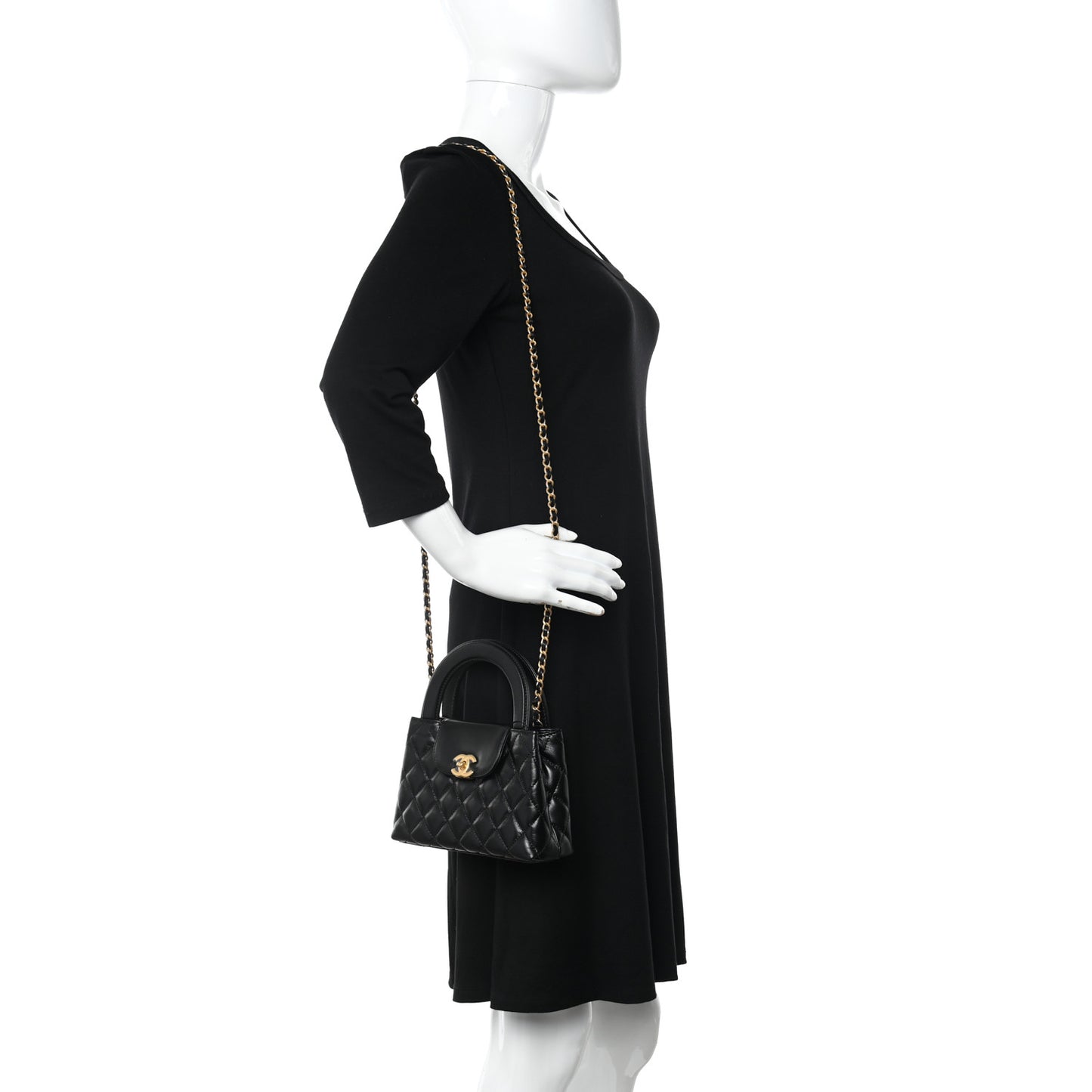 Shiny Aged Calfskin Quilted Nano Kelly Shopper Black