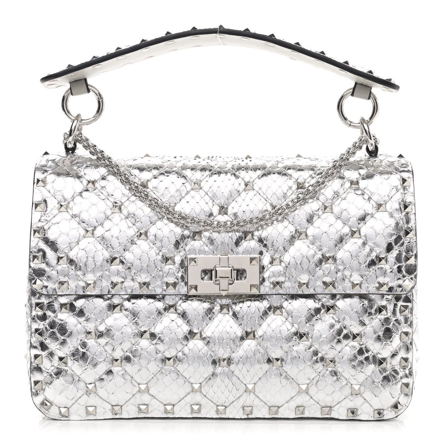 Metallic Watersnake Medium Rockstud Spike Shoulder Bag Silver
