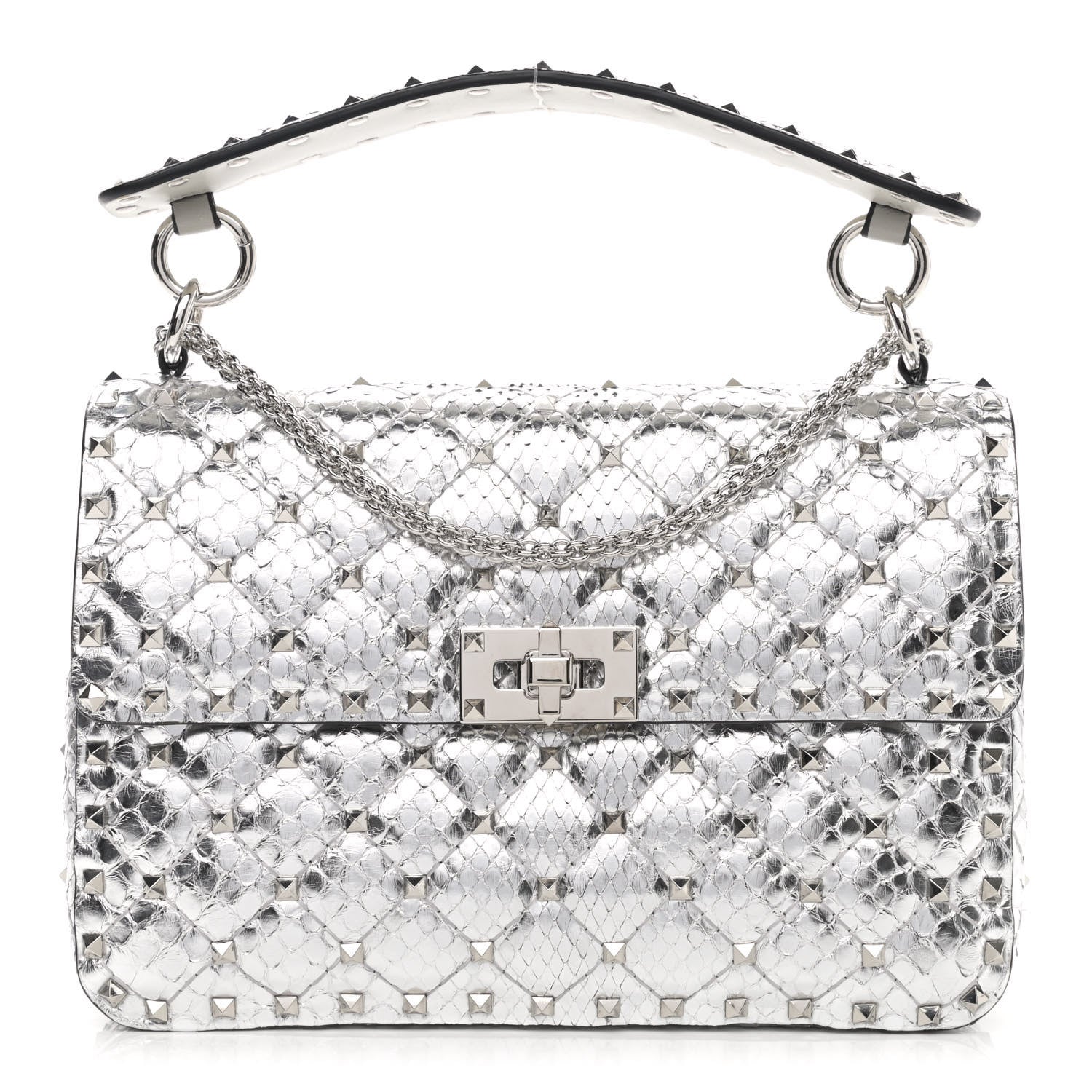 Valentino Garavani Metallic Watersnake Medium Rockstud Spike Shoulder Bag Silver 1 of 10