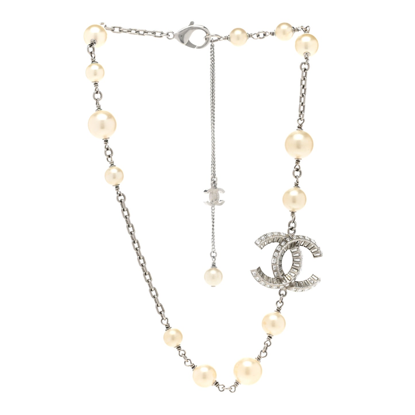 Pearl Crystal Baguette CC Short Necklace Silver