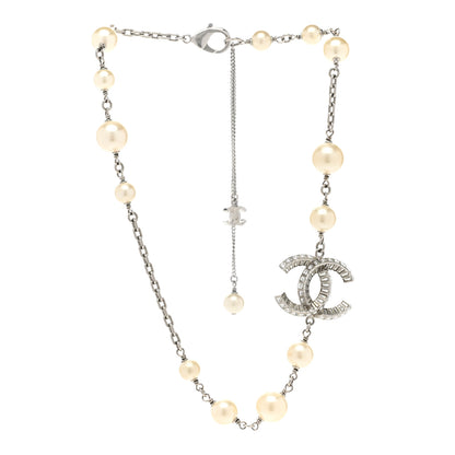 Chanel Pearl Crystal Baguette CC Short Necklace Silver 3 of 6