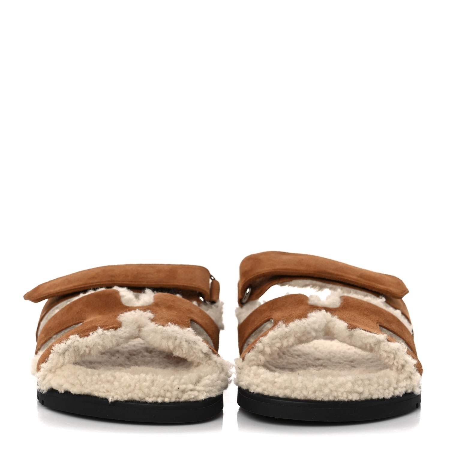 Hermes Suede Goatskin Woolskin Womens Chypre Sandals 36 Brun Fume Ecru 2 of 8