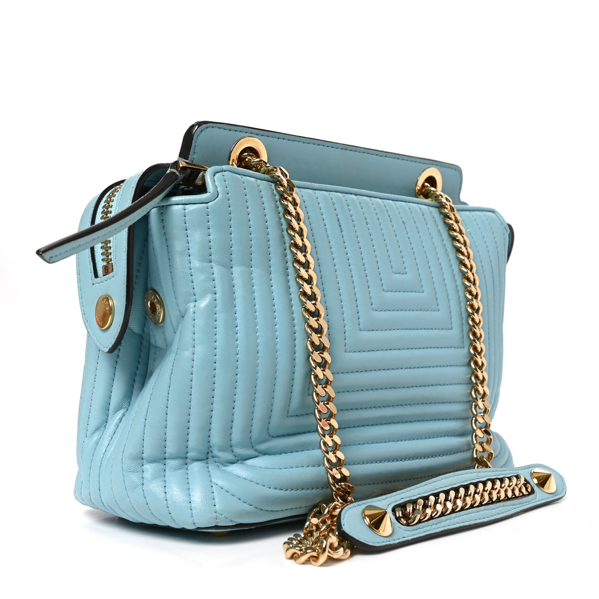 Fendi Shiny Nappa Trapuntata Small DotCom Click Top Handle Chain Satchel Light Blue 3 of 10