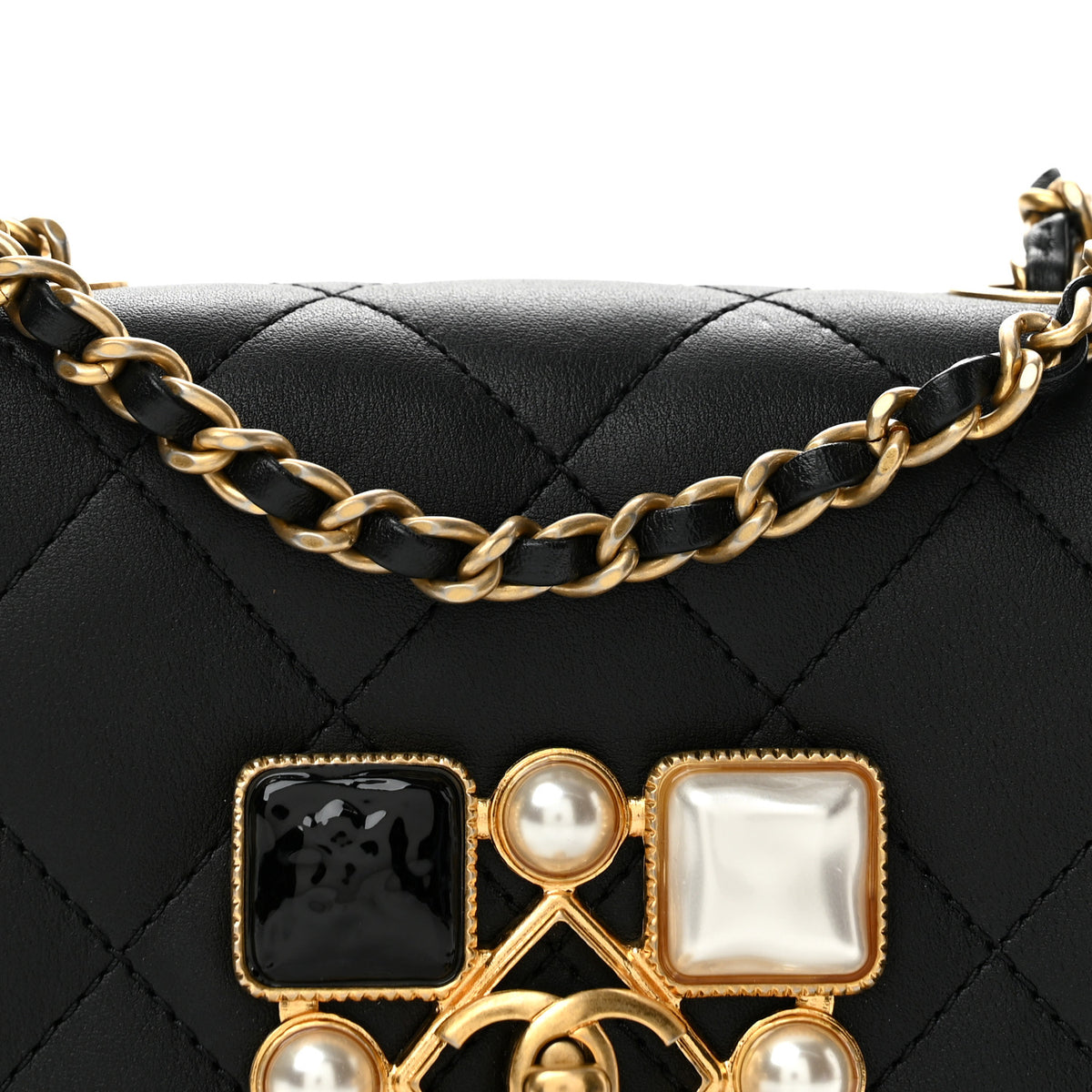 Calfskin Quilted Crystal Pearl Mini Flap Bag Black