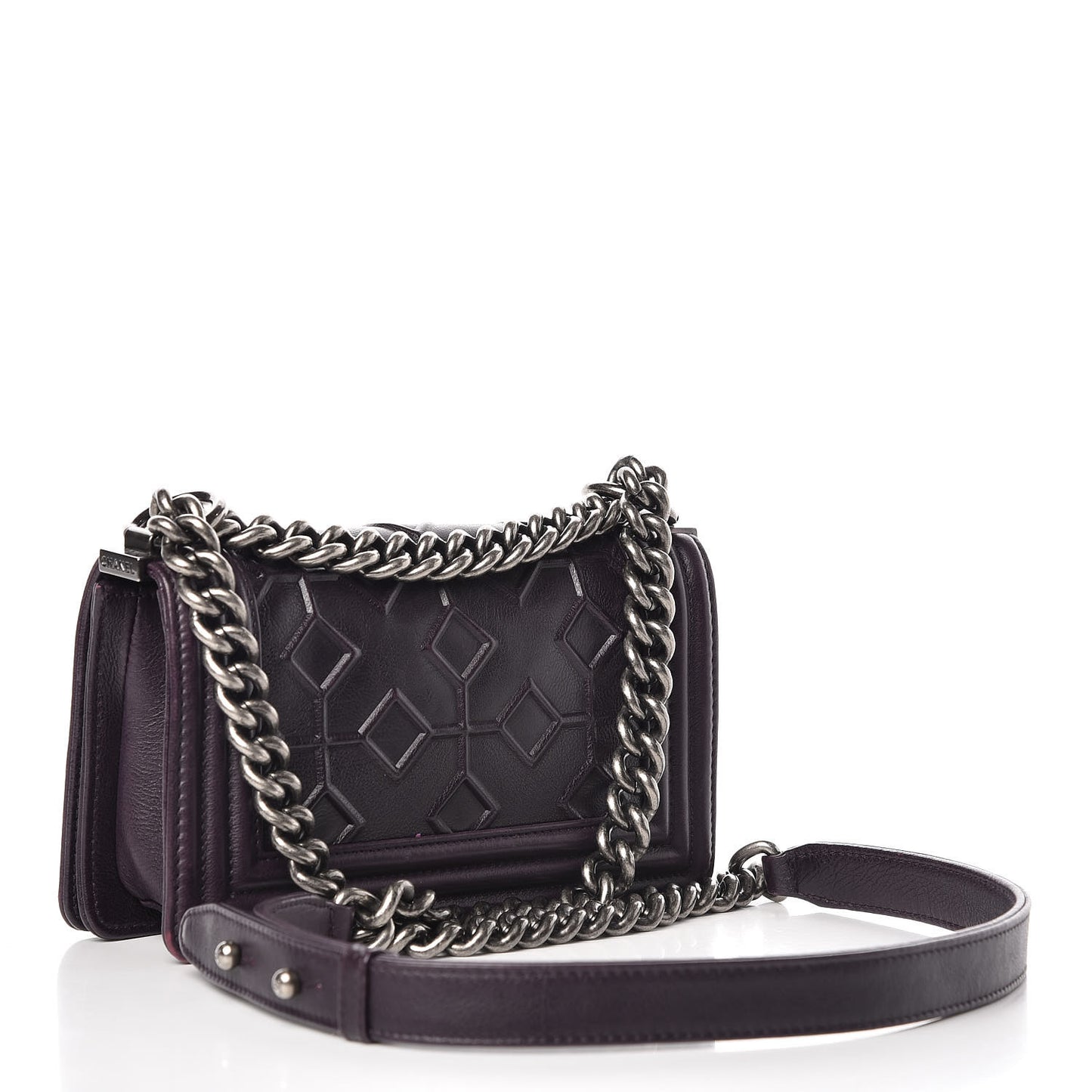 Calfskin Crystal Embossed Small Boy Flap Plum