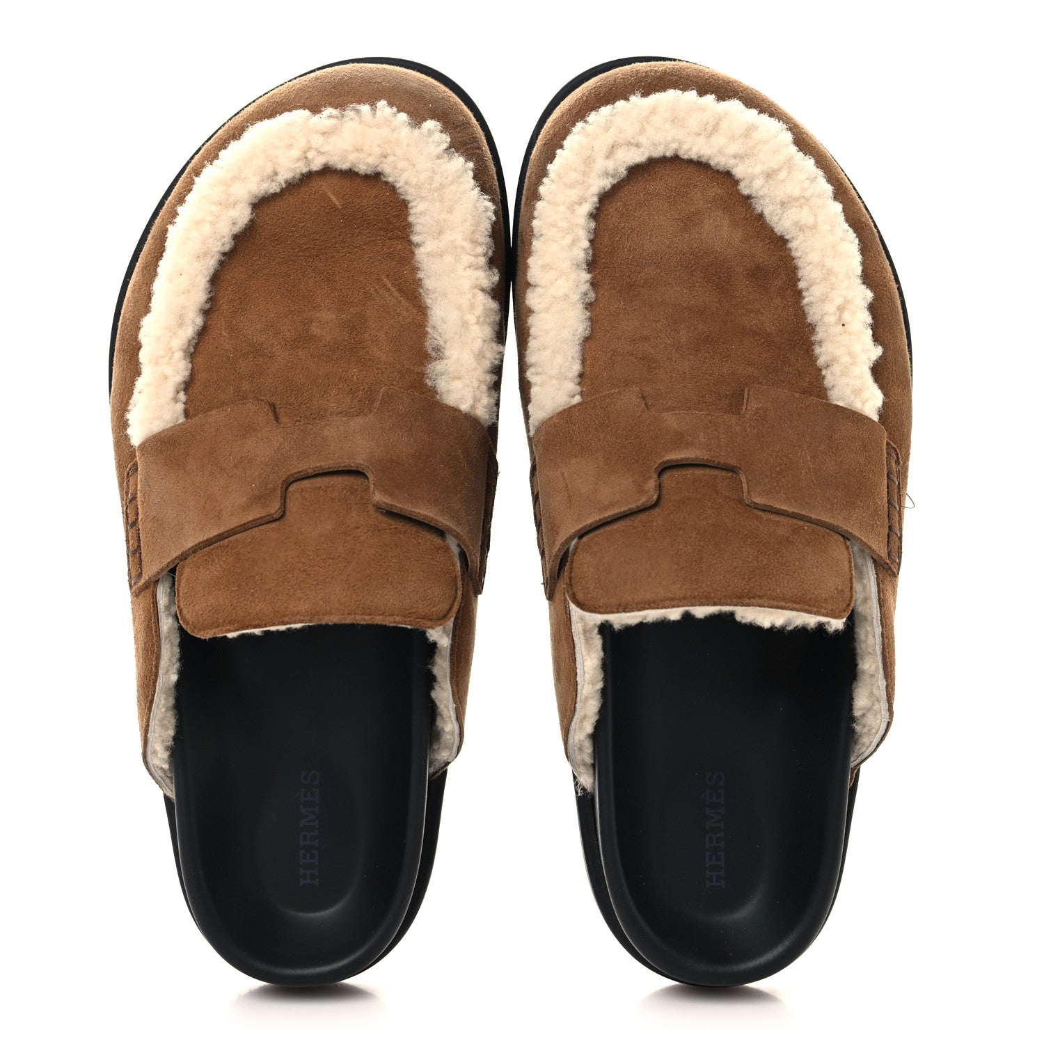 Hermes Suede Goatskin Shearling Go Mules 39 Brun Frume Ecru 2 of 11