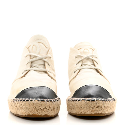 Chanel Lambskin Canvas Cap Toe Lace Up Espadrilles 38 Beige Black 2 of 9