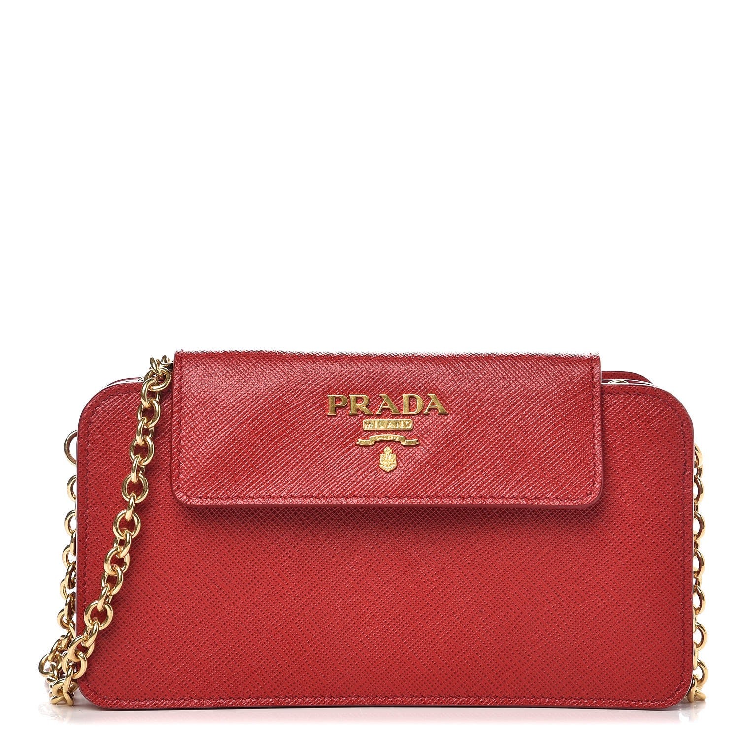 Prada Saffiano Metal Mini Chain Wallet Fuoco 1 of 8