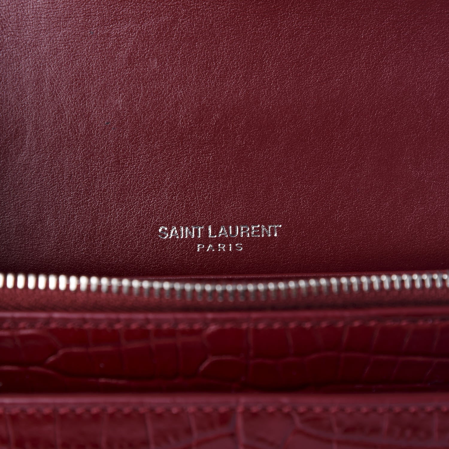 Saint Laurent Calfskin Crocodile Embossed Monogram Sunset Chain Wallet Palissandre 8 of 9