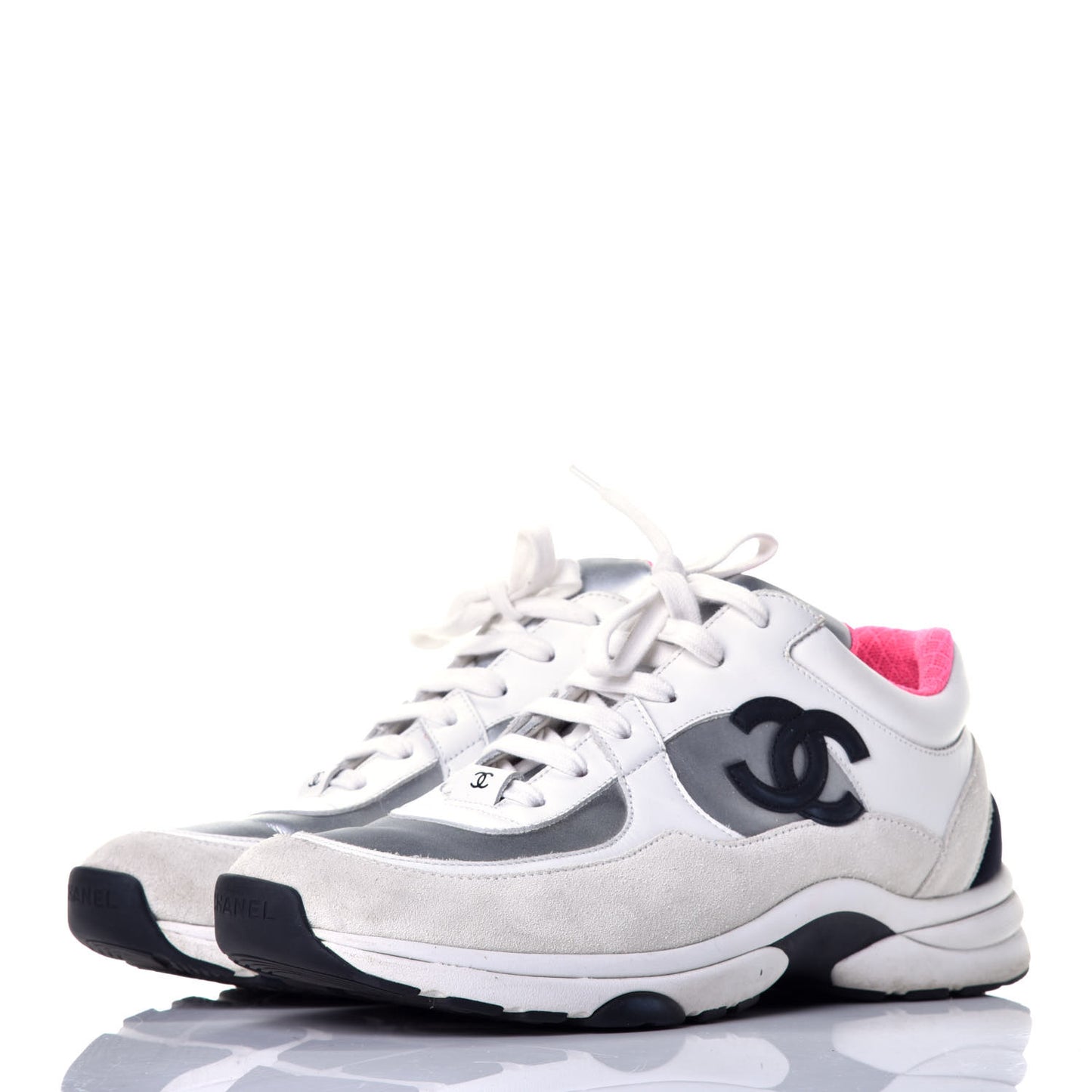Calfskin Fabric Sneakers 40.5 White Silver Fluo Pink
