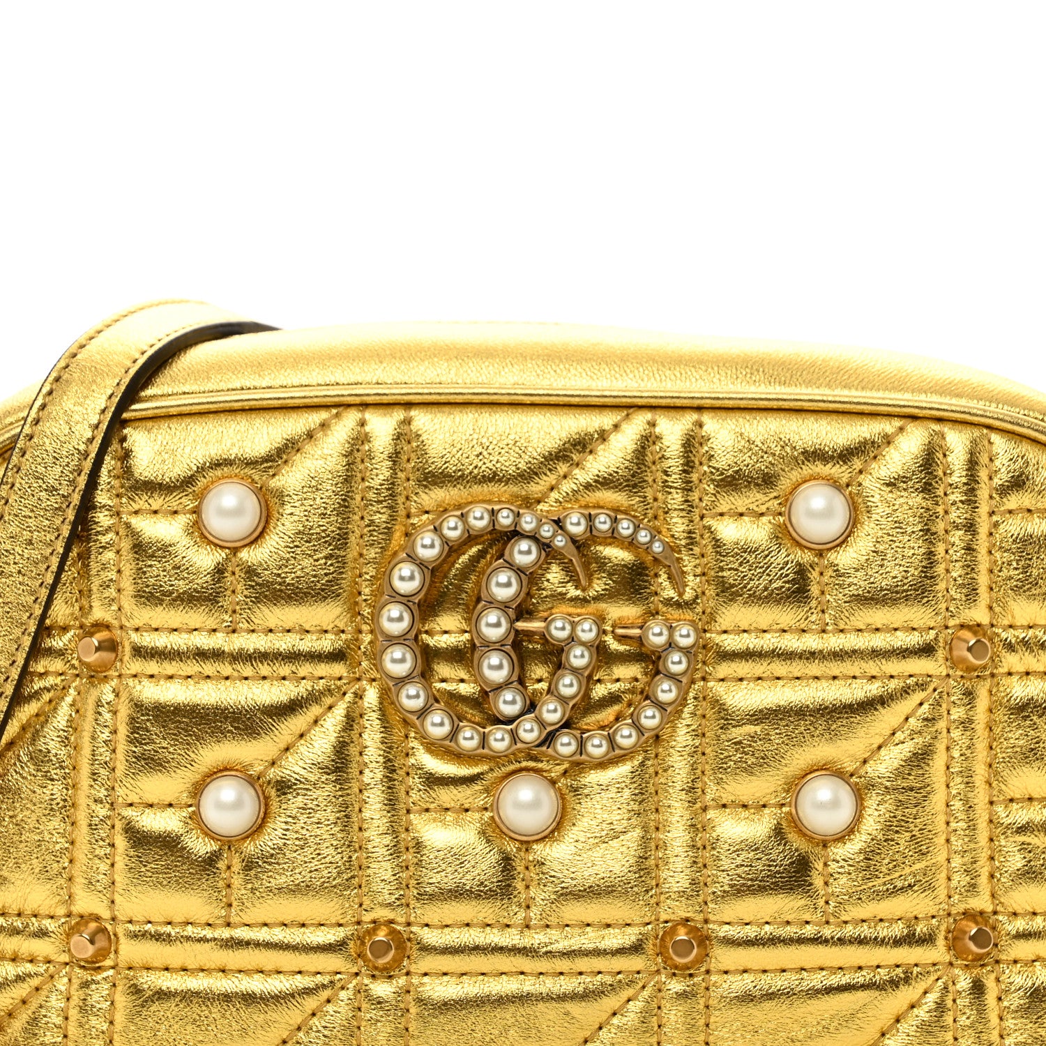 Gucci Metallic Calfskin Matelasse Studded Small Pearly GG Marmont Chain Shoulder Bag Gold 8 of 10