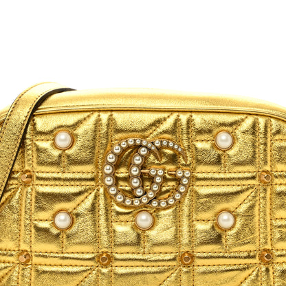 Gucci Metallic Calfskin Matelasse Studded Small Pearly GG Marmont Chain Shoulder Bag Gold 8 of 10