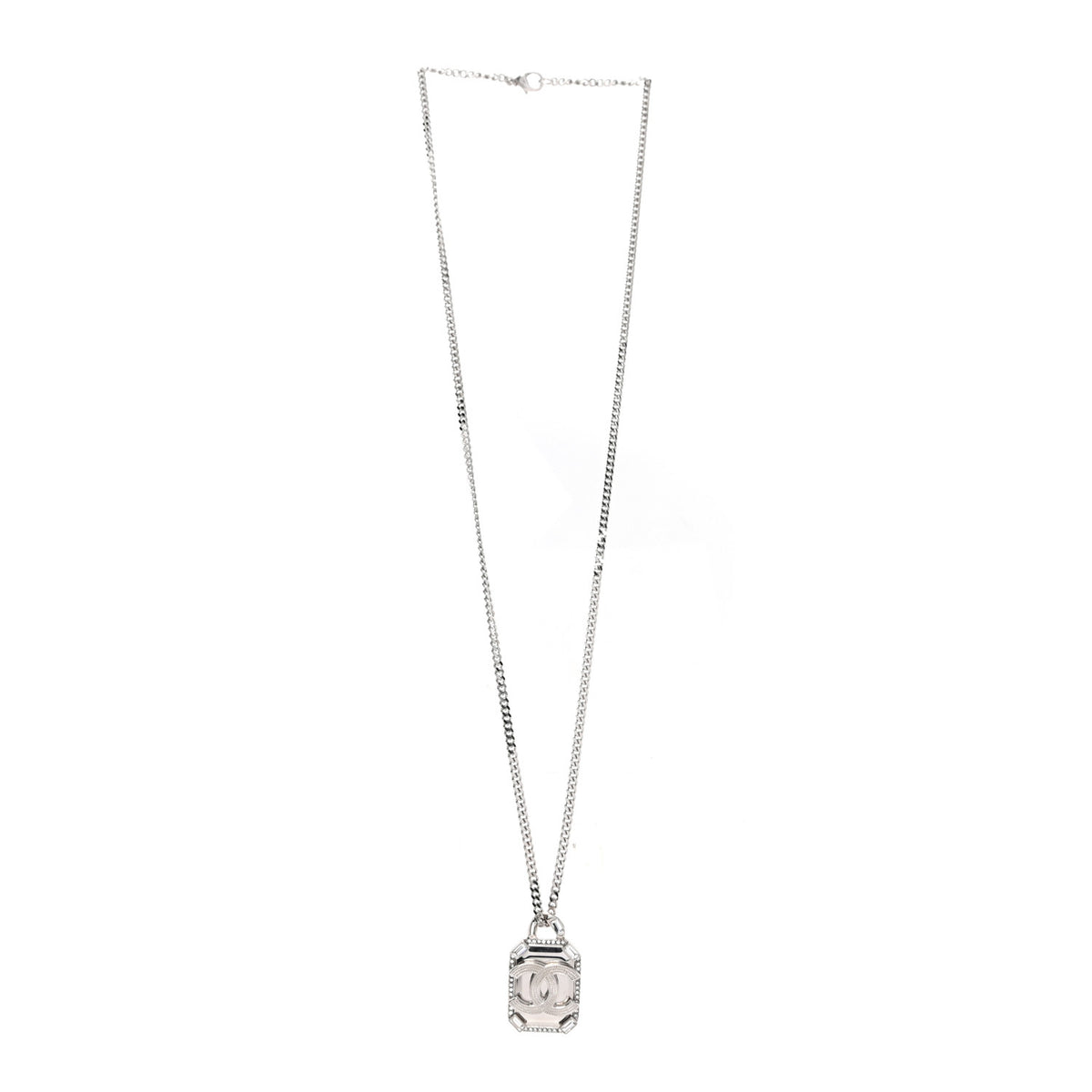 Chanel Crystal Baguette CC Mirror Pendant Necklace Silver 3 of 5