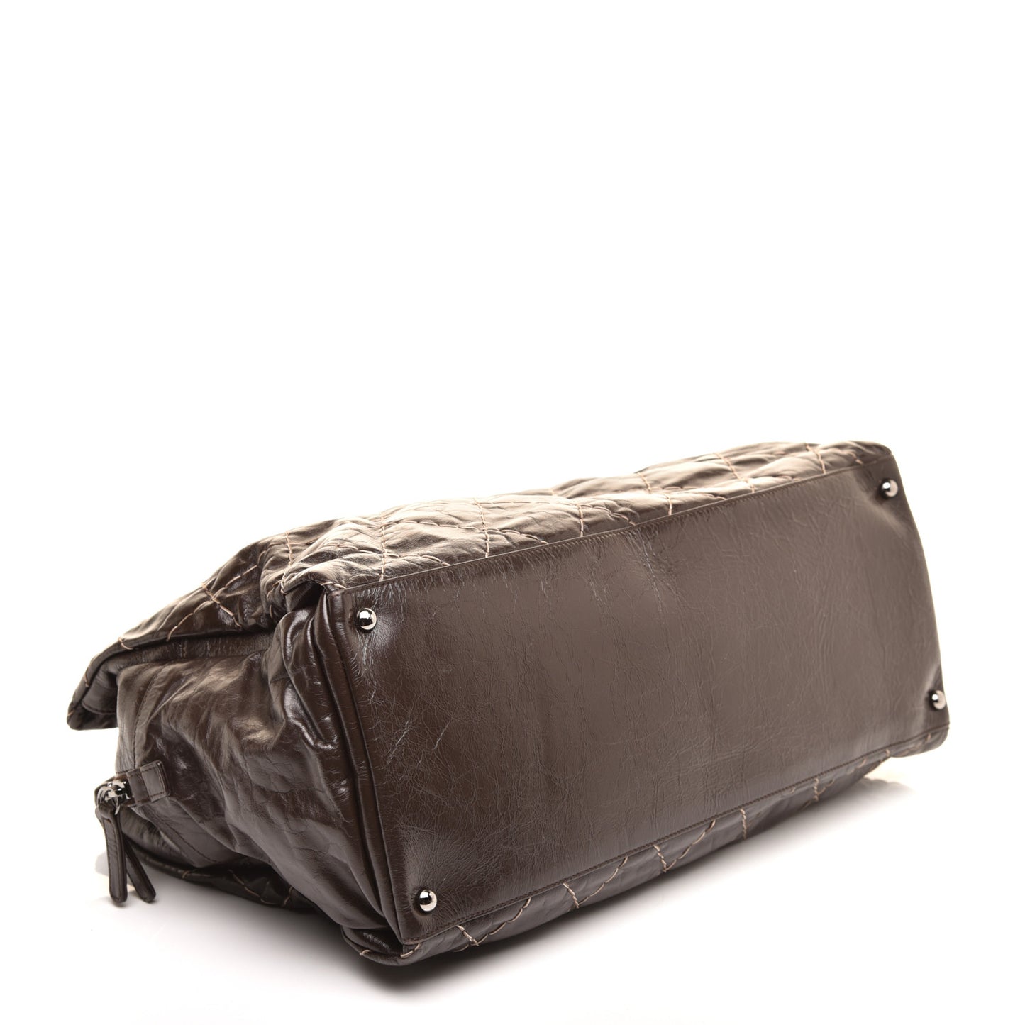 Glazed Goatskin Double Contrast Stitch Large Tote Brown