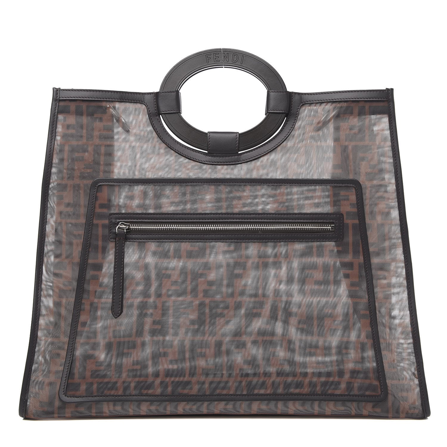Fendi Mesh Vitello Century Cuoio FF 1974 Large Runaway Shopper Tote Marrone Black Ebano 1 of 10