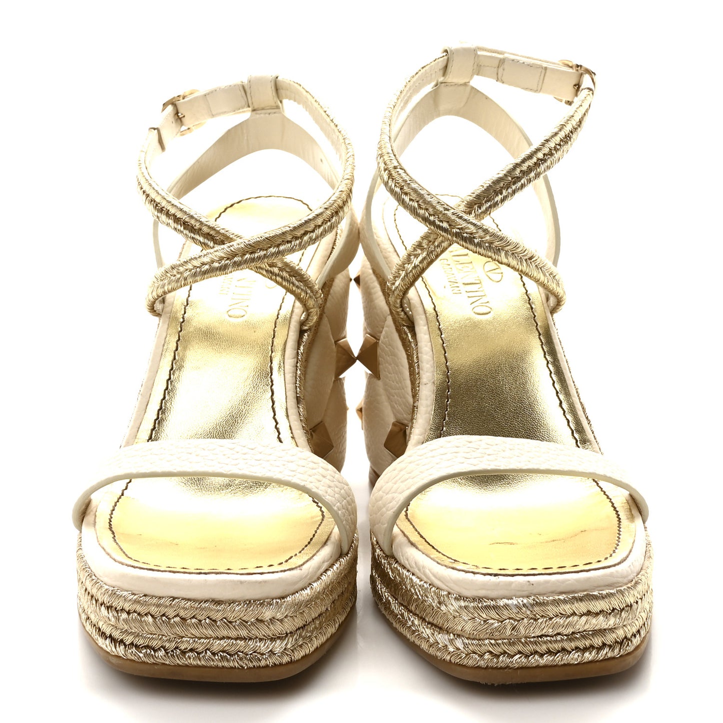 Grained Calfskin Roman Stud Espadrille Wedge Ankle Wrap Sandals 37 White