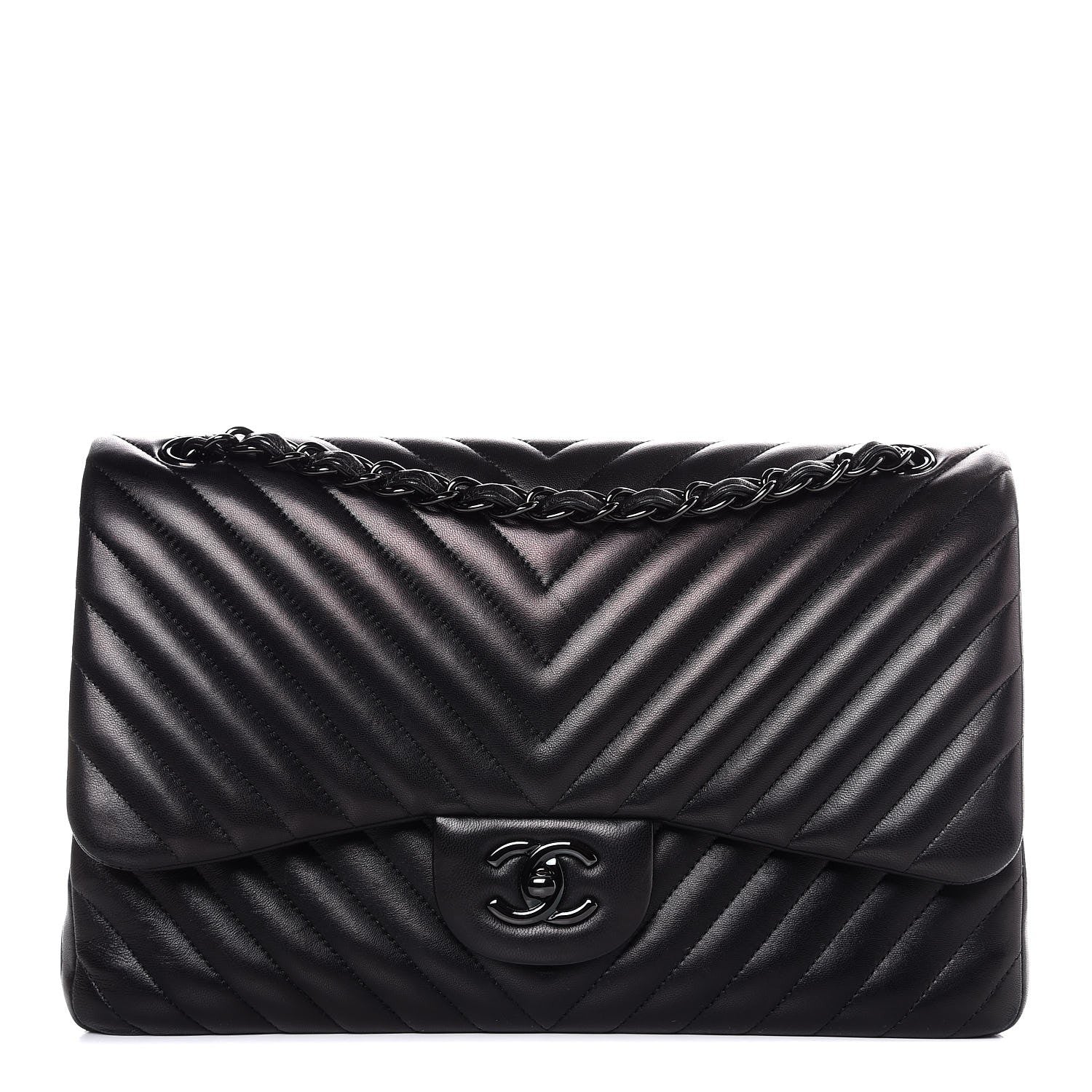 Chanel Lambskin Chevron Quilted Jumbo Double Flap So Black 1 of 9