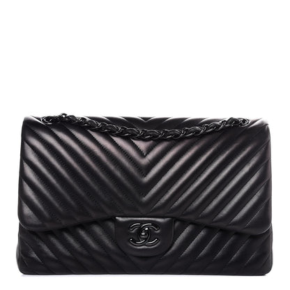 Chanel Lambskin Chevron Quilted Jumbo Double Flap So Black 1 of 9