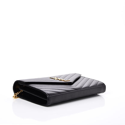 Saint Laurent Grain De Poudre Matelasse Chevron Monogram Chain Wallet Black 4 of 8