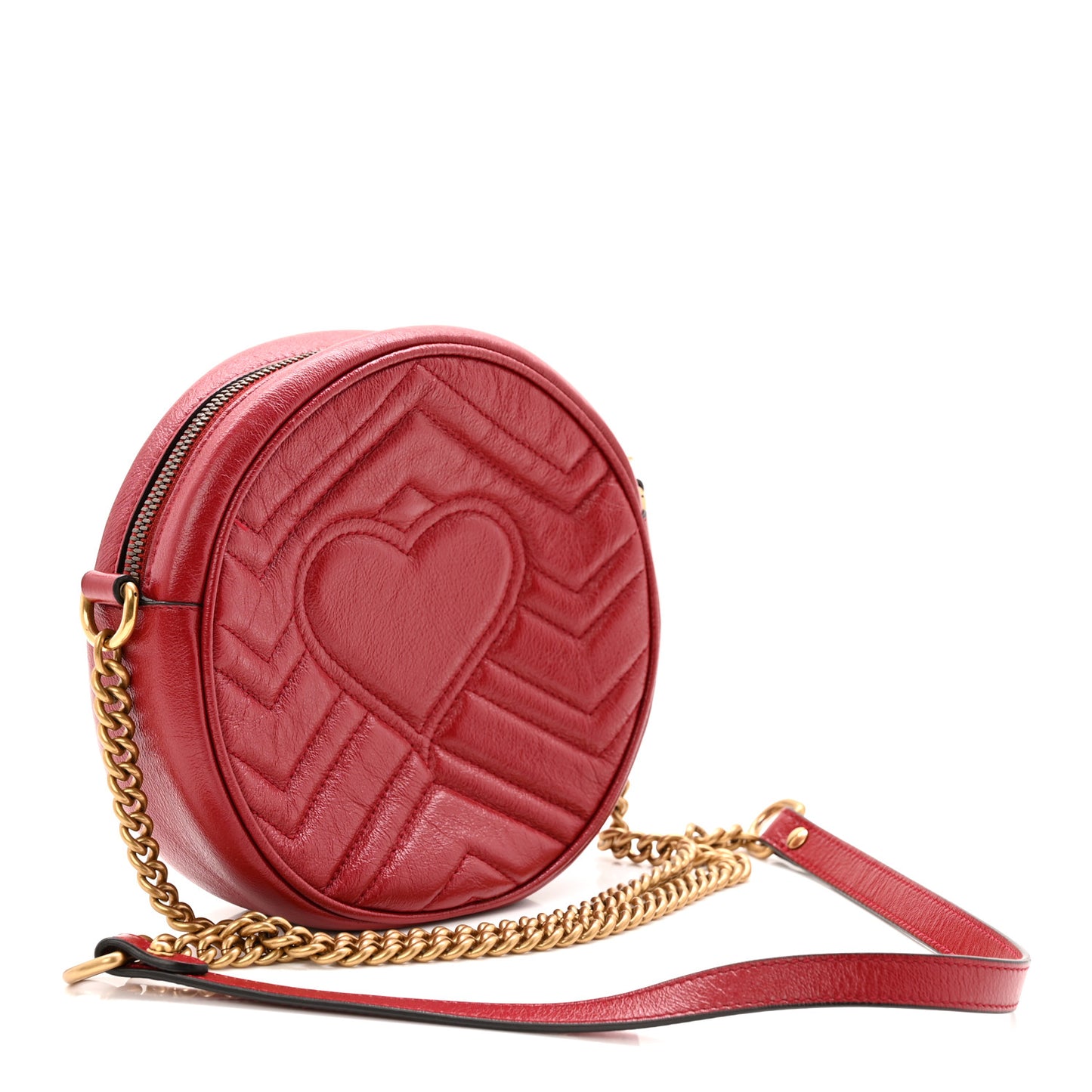 Glazed Calfskin Matelasse Heart Mini GG Marmont Round Shoulder Bag Romantic Cerise