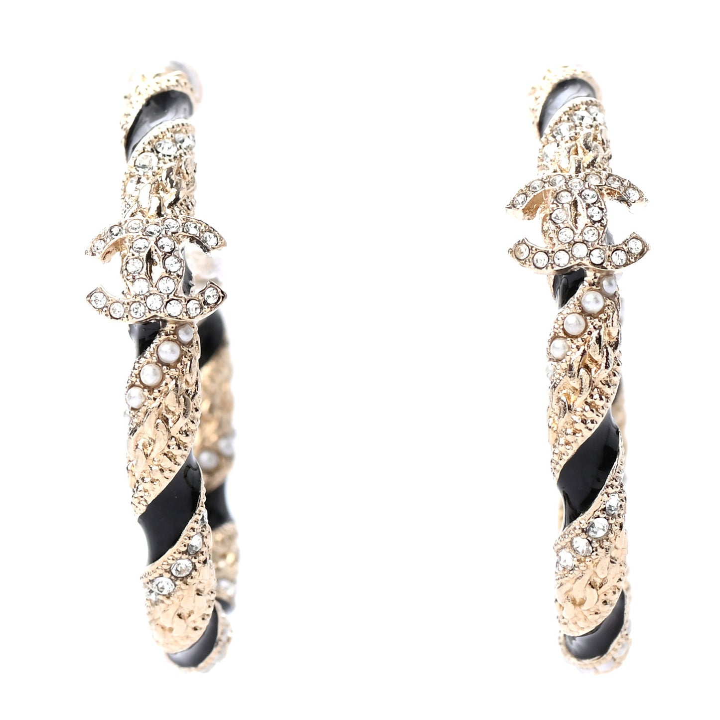 Crystal Pearl Twist CC Hoop Earrings Gold Black