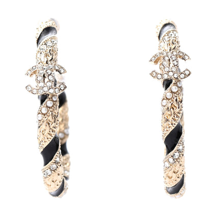 Chanel Crystal Pearl Twist CC Hoop Earrings Gold Black 1 of 4