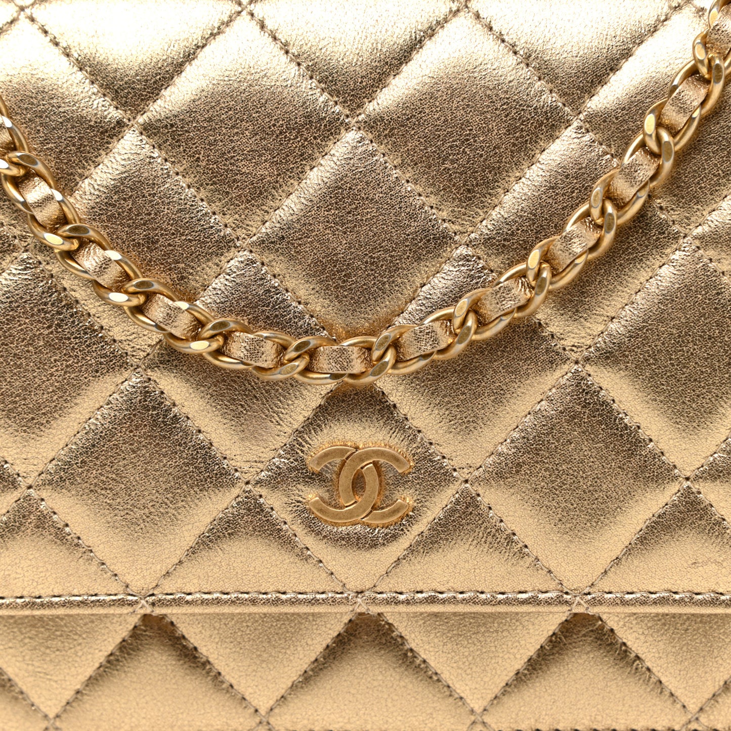 Metallic Lambskin Quilted Wallet On Chain WOC Gold