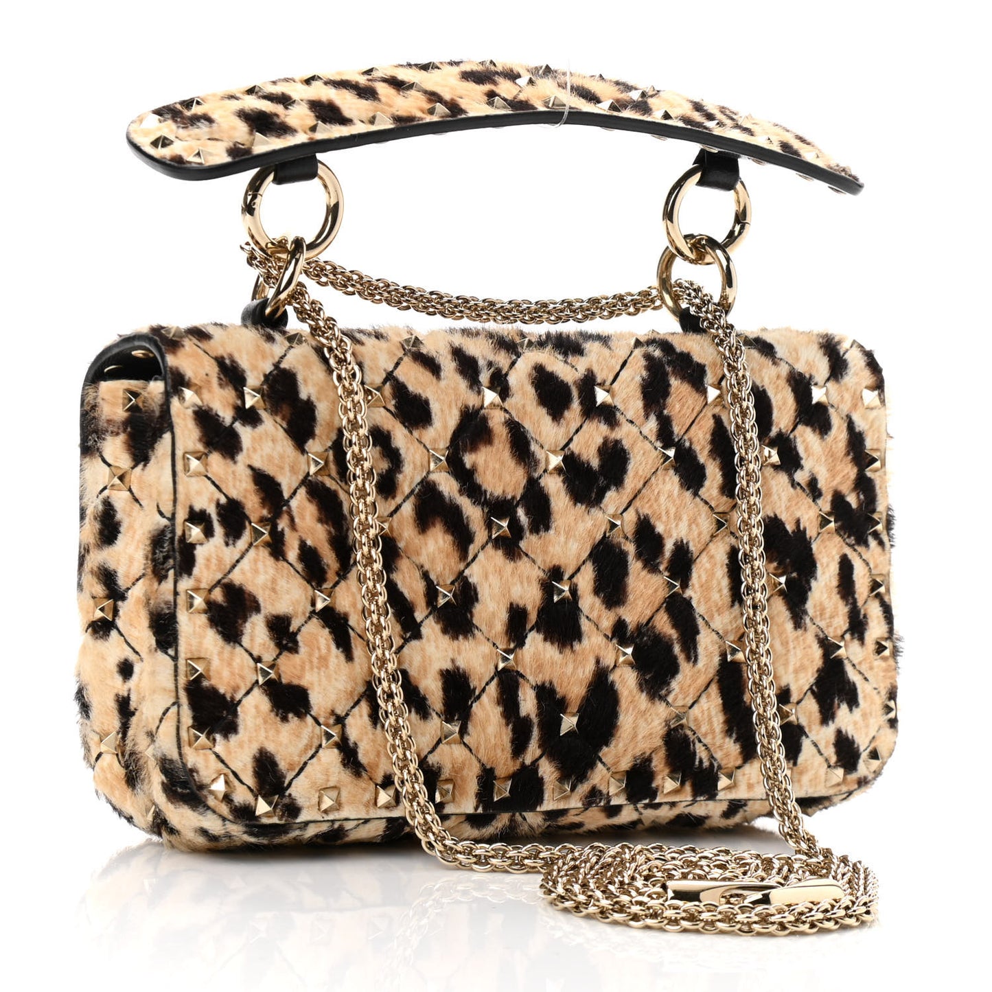 Calf Hair Leopard Print Small Rockstud Spike Shoulder Bag