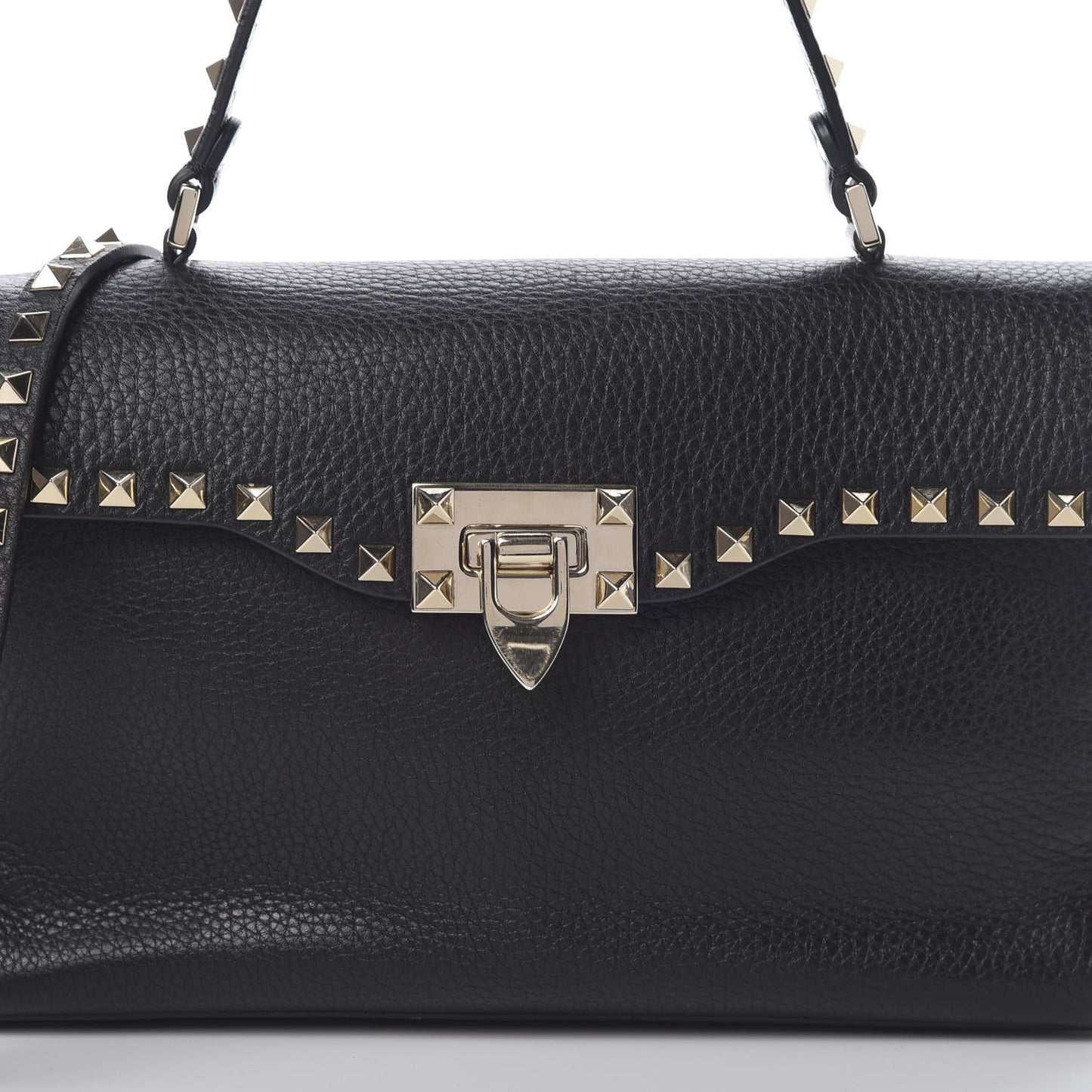 Pebbled Calfskin Small Rockstud Single Handle Flap Bag Black