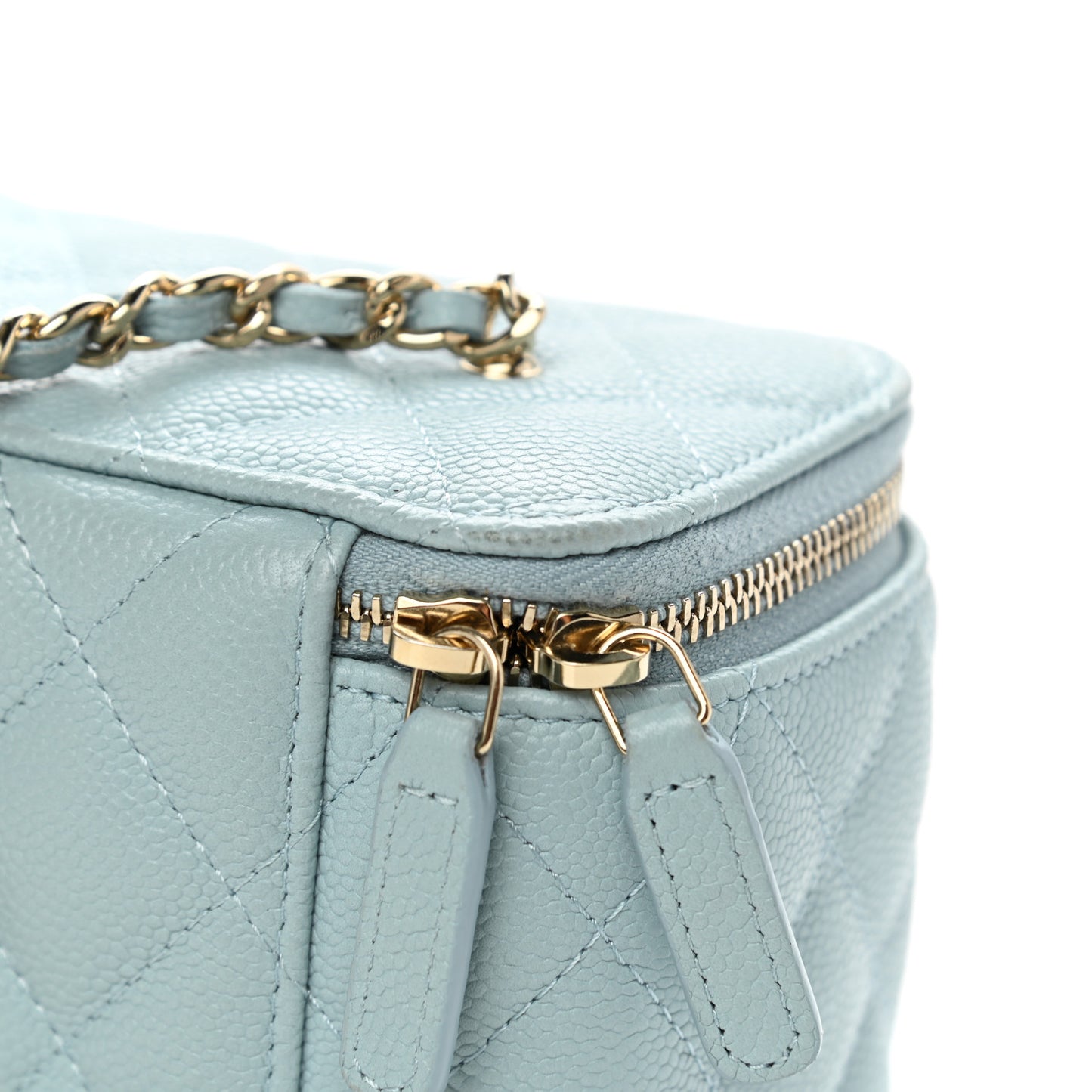 Caviar Quilted Small Tiny CC Vanity Case With Chain Light Blue