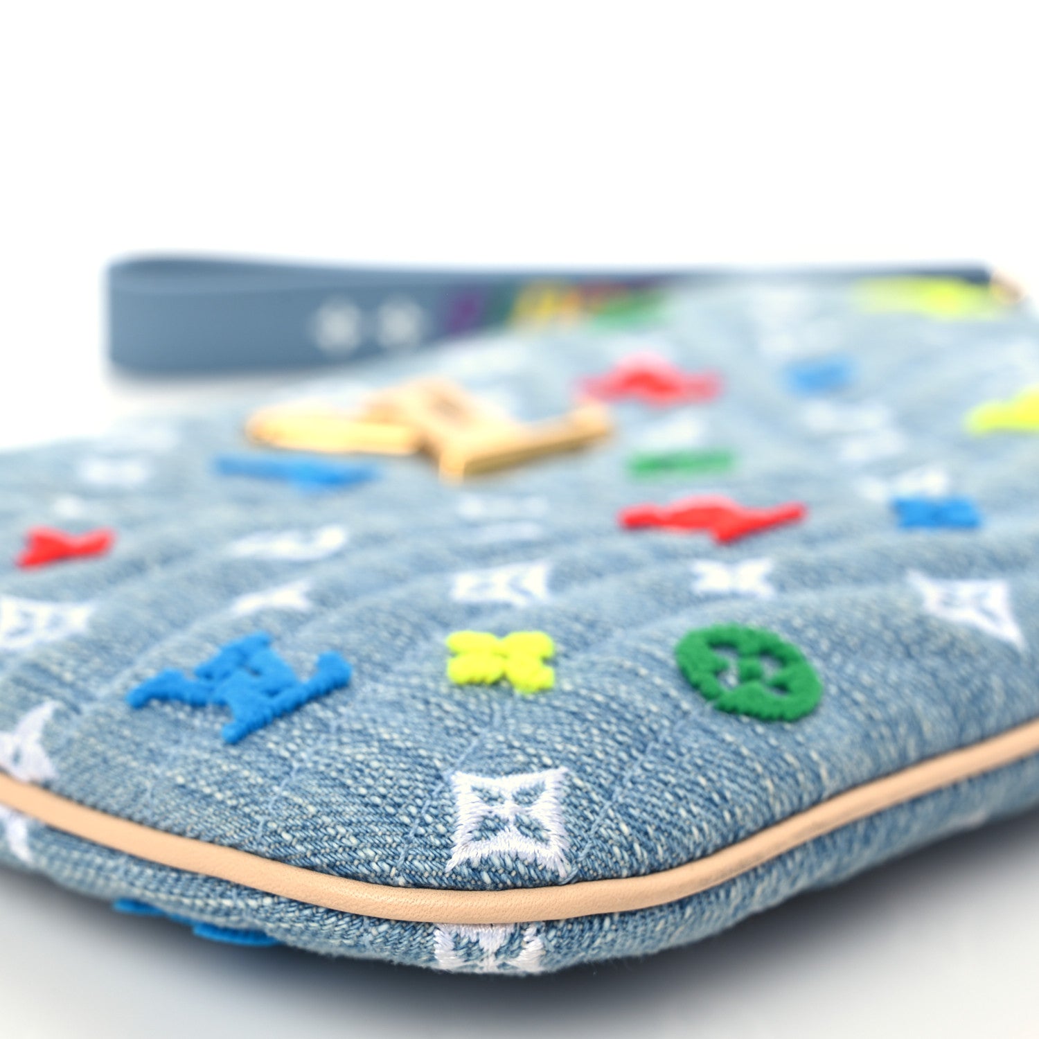 Louis Vuitton Embroidered Monogram Denim New Wave Zipped Pochette Blue 7 of 8