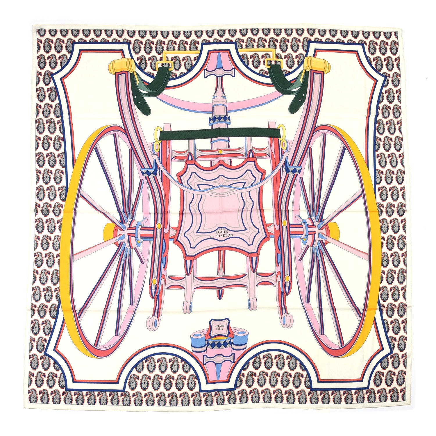 Hermes Cashmere Silk Les Roues De Phaeton Shawl 140 White Rose Jaune 1 of 6