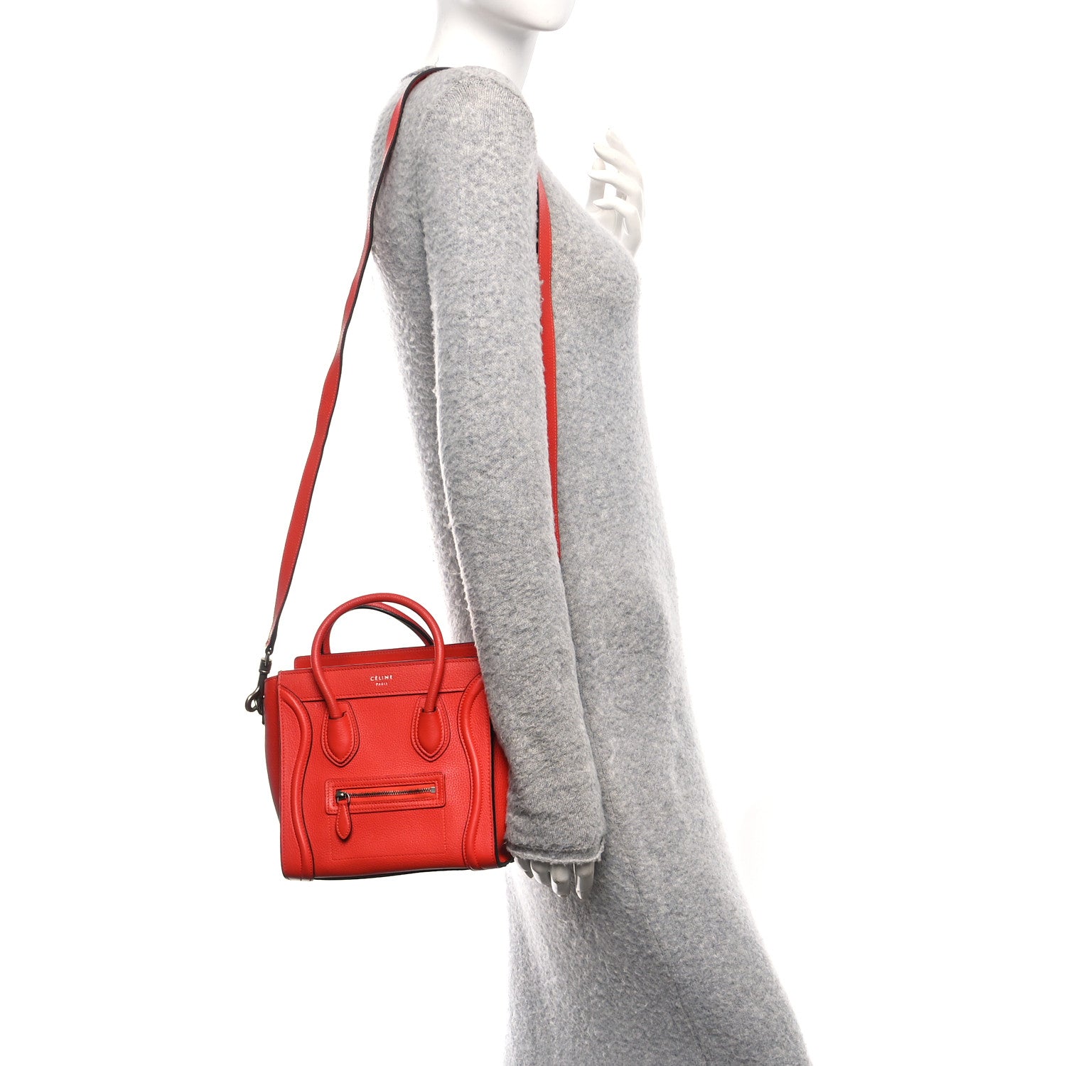 Celine Drummed Calfskin Nano Luggage Vermillion 2 of 10