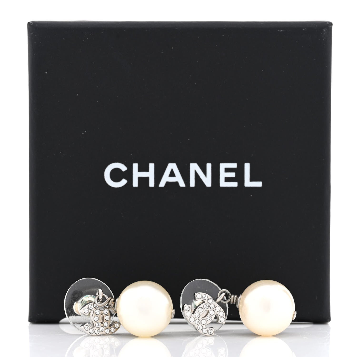 Chanel Crystal Pearl CC Drop Earrings Silver Pearly White 5 of 5
