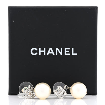 Chanel Crystal Pearl CC Drop Earrings Silver Pearly White 5 of 5