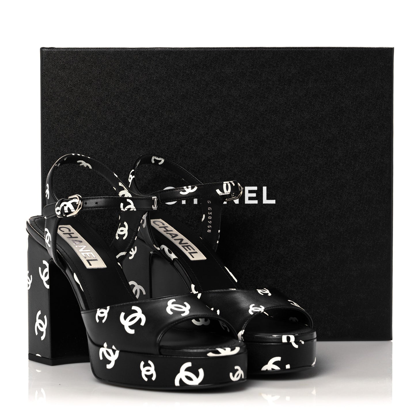 Printed Lambskin Coco Beach Platform Sandals 39 Black White