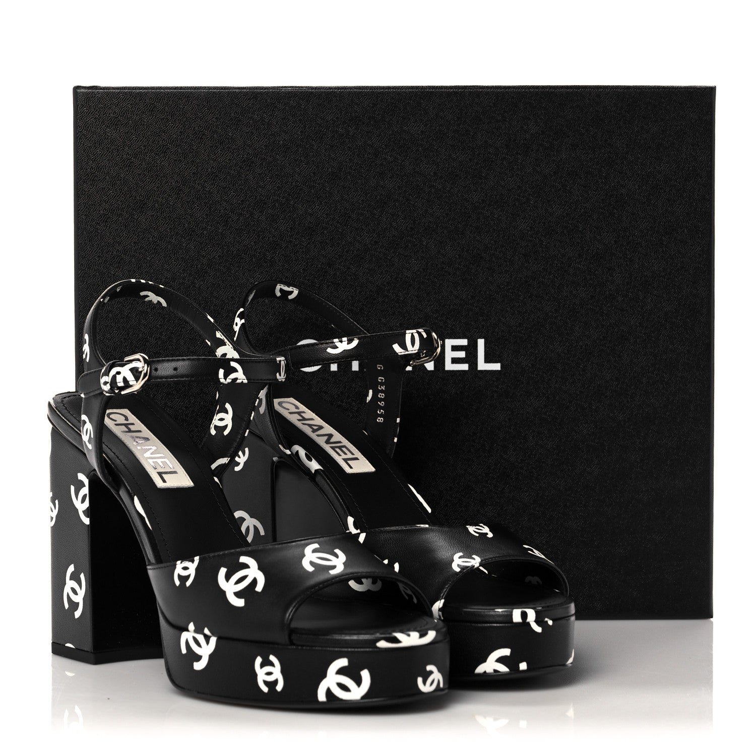 Chanel Printed Lambskin Coco Beach Platform Sandals 39 Black White 9 of 9