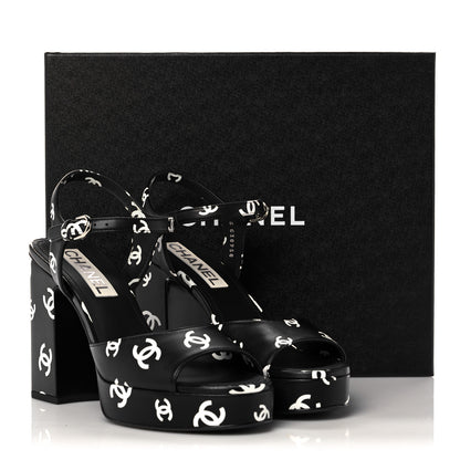 Chanel Printed Lambskin Coco Beach Platform Sandals 39 Black White 9 of 9
