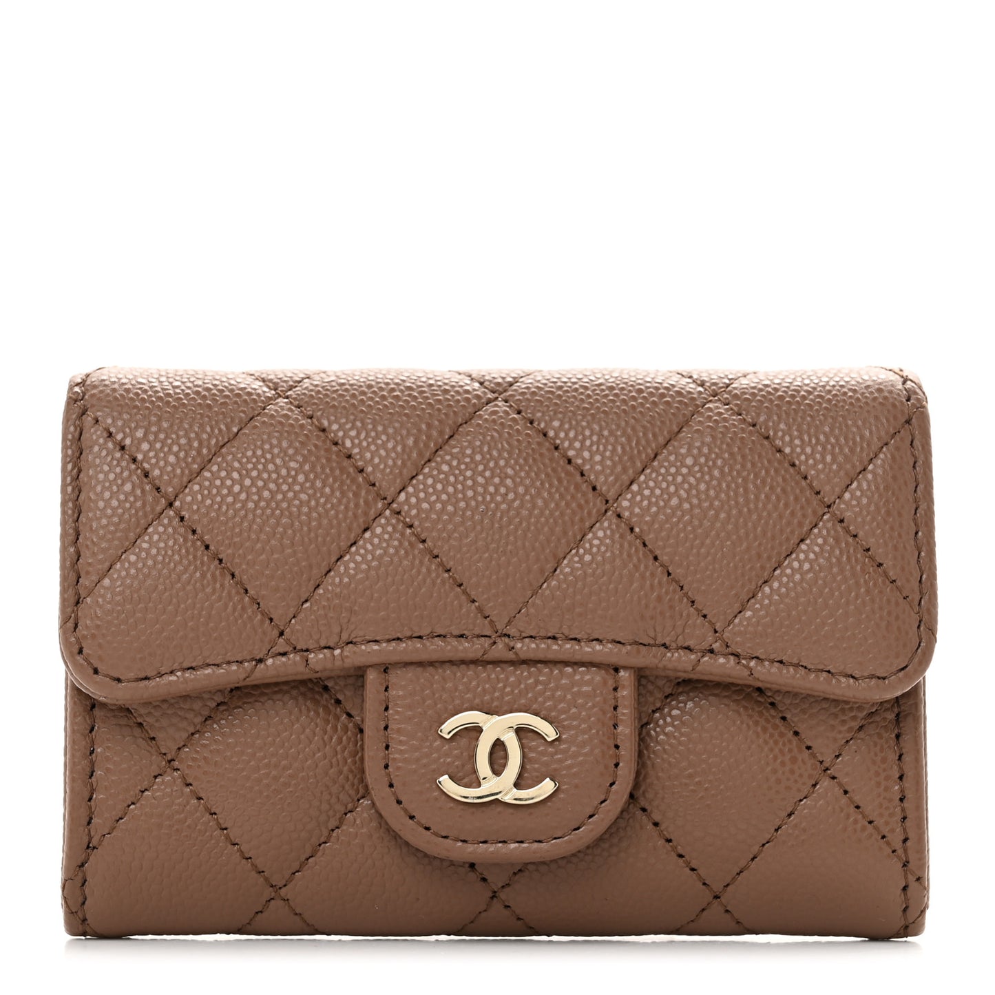 Caviar Quilted Flap Card Holder Wallet Brown