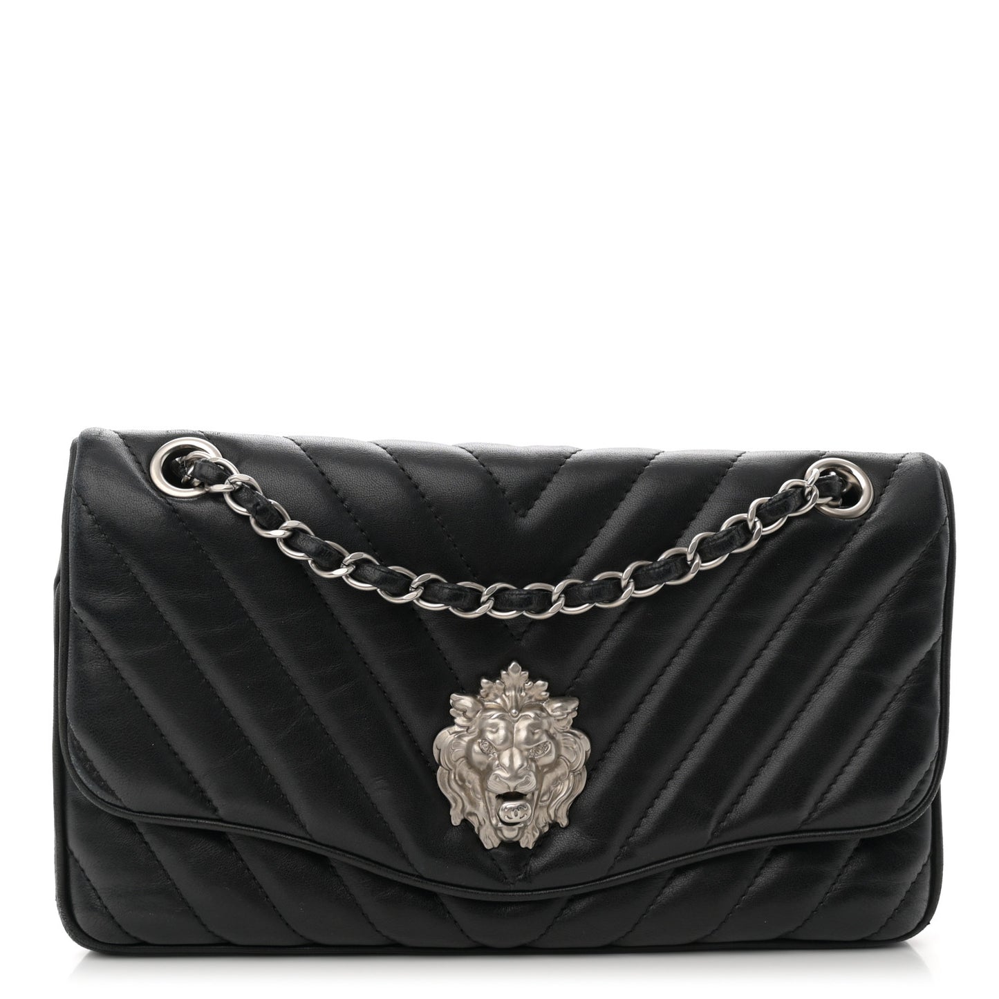 Lambskin Chevron Medium Leo Lion Flap Black