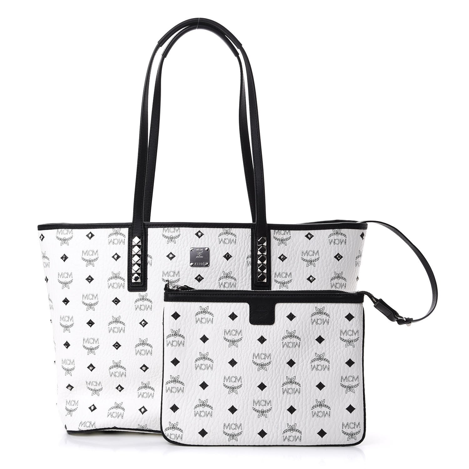 MCM Visetos Studded Medium Anya Zip Top Shopper Tote White 1 of 10